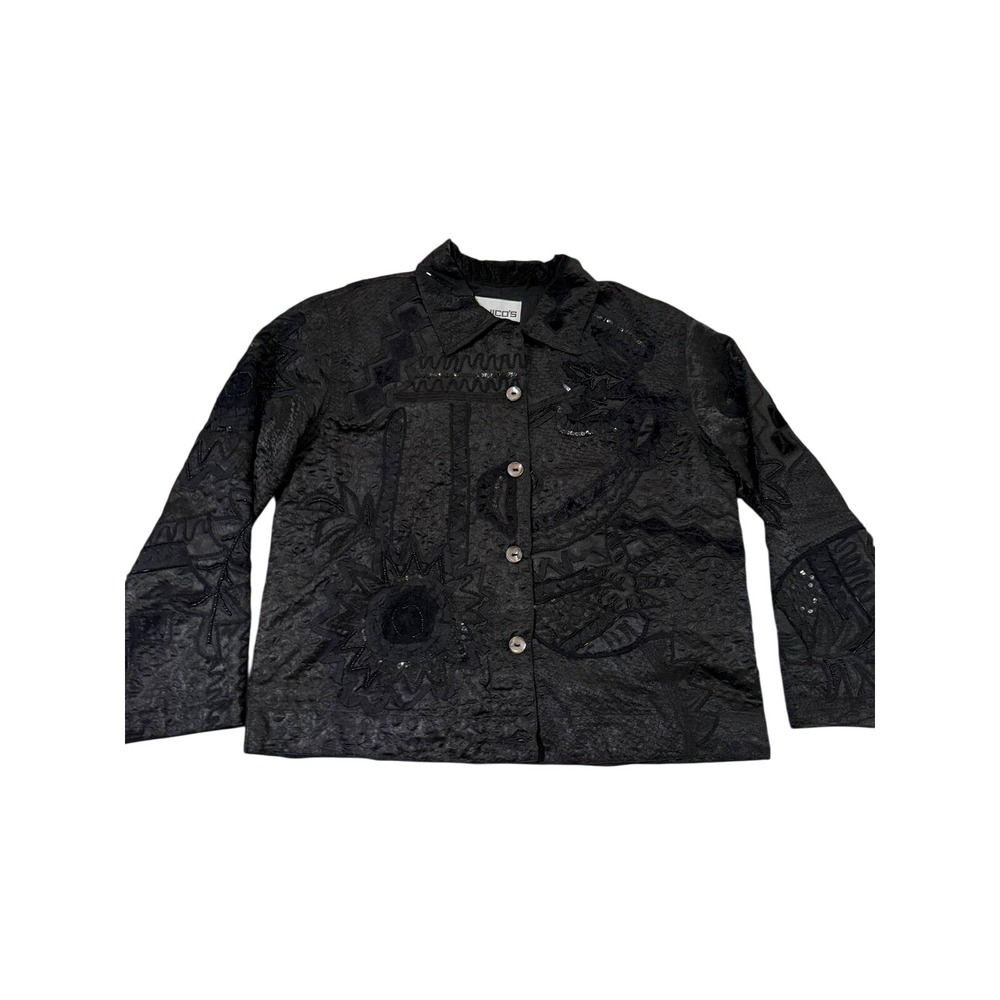 Chicos Black Embroidered Beaded Sequin Jacket Size 1 Mixed Media Art To Wear